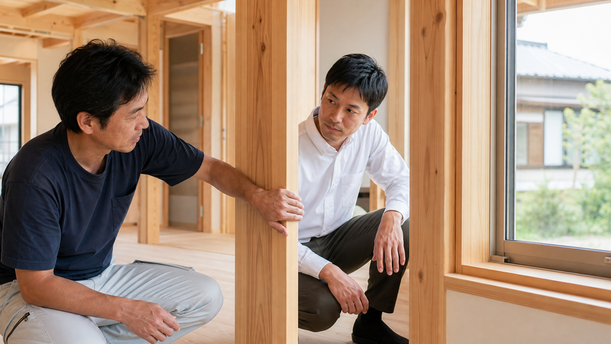 木造住宅の柱や窓まわりの施工品質を確認する様子