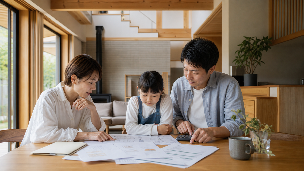 木の家で長期の維持費と家づくり予算を確認する家族