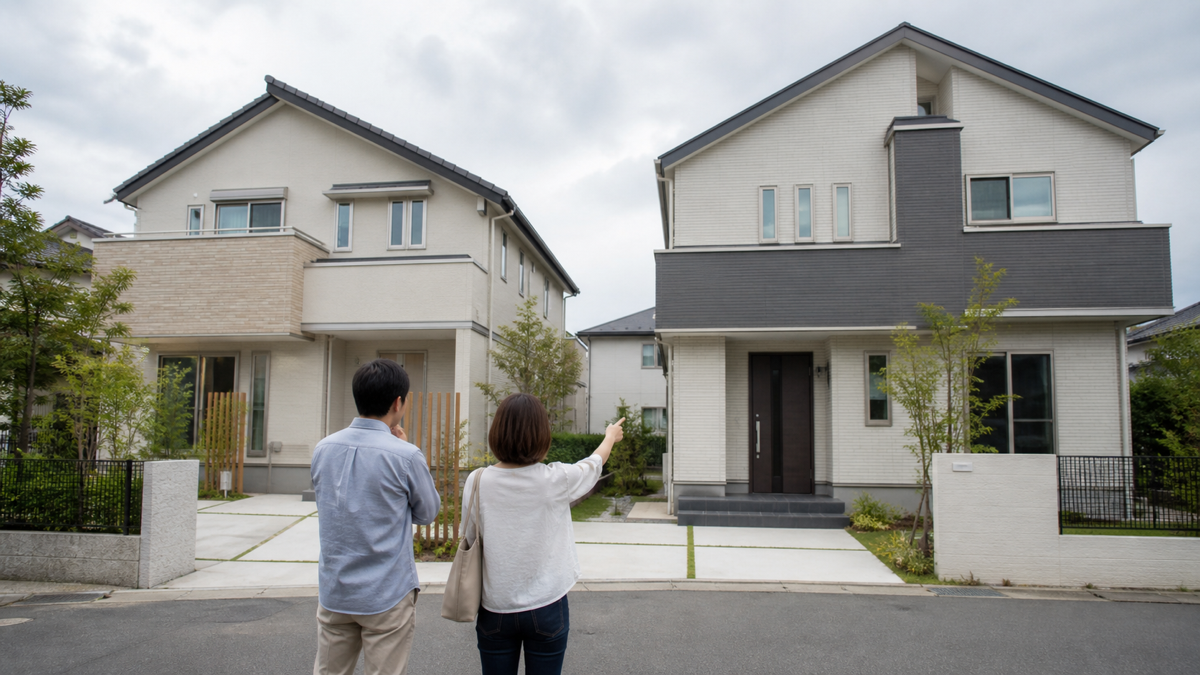 二つの戸建て住宅を見比べる夫婦