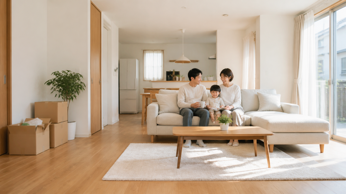 購入した戸建てのリビングで過ごす家族
