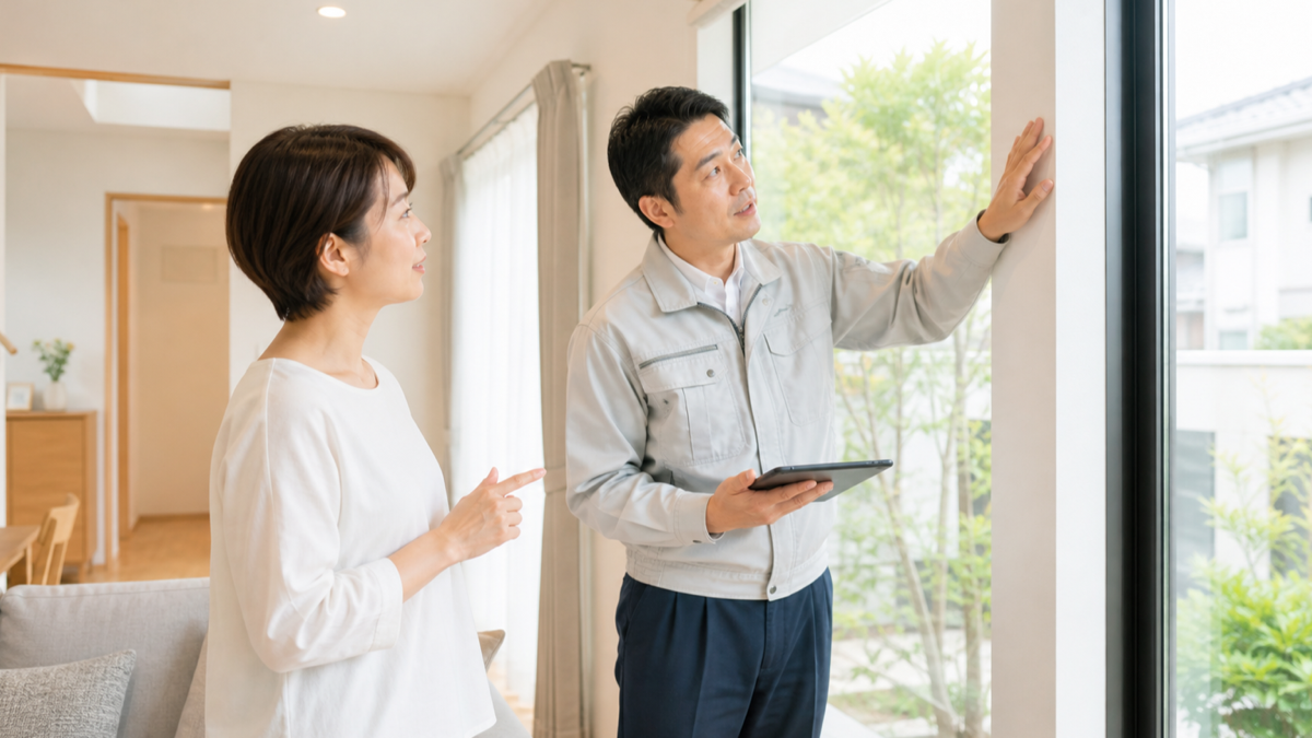 購入後の住宅を点検する専門家と住人