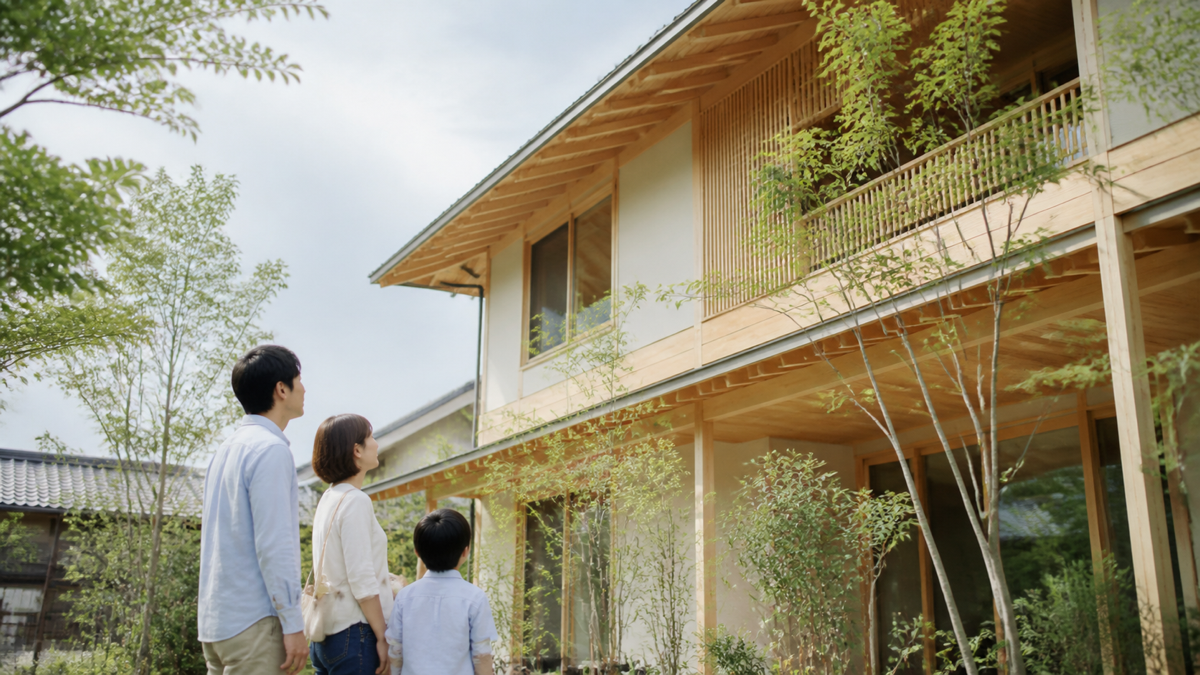 九州の注文住宅を見学する家族のイメージ