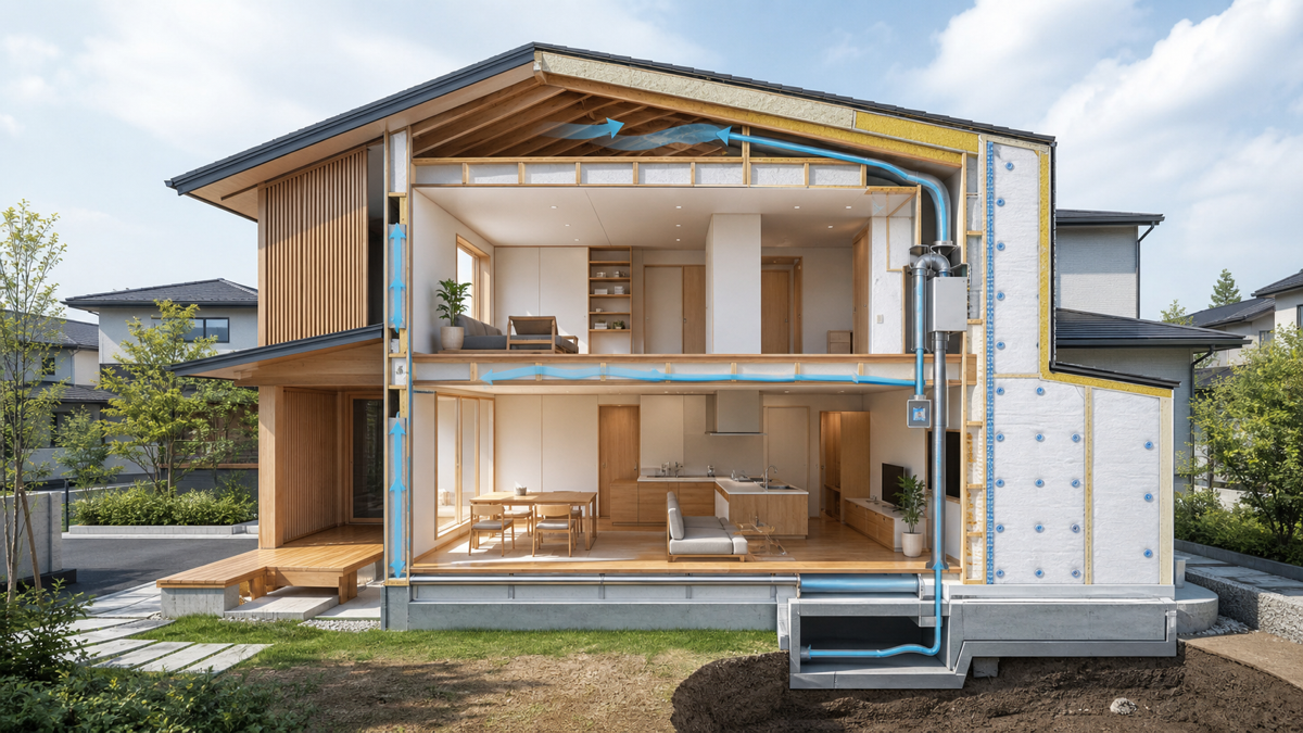 外張り断熱と換気を表した住宅イメージ