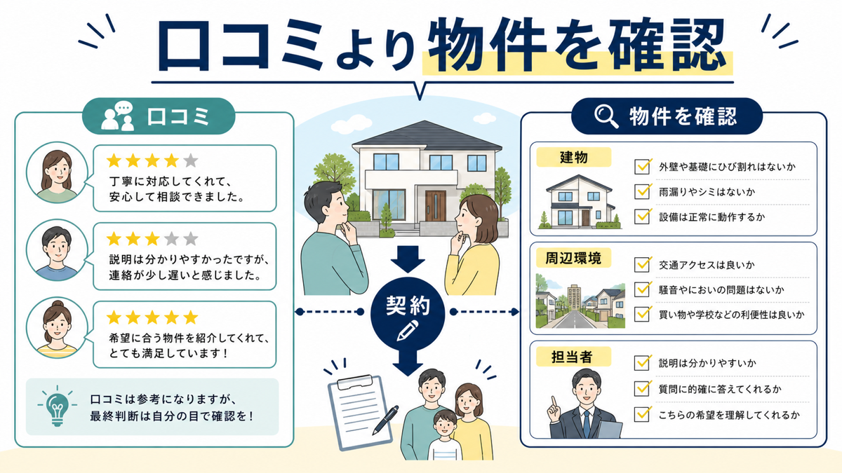 口コミだけでなく購入物件を確認する重要性を示す図