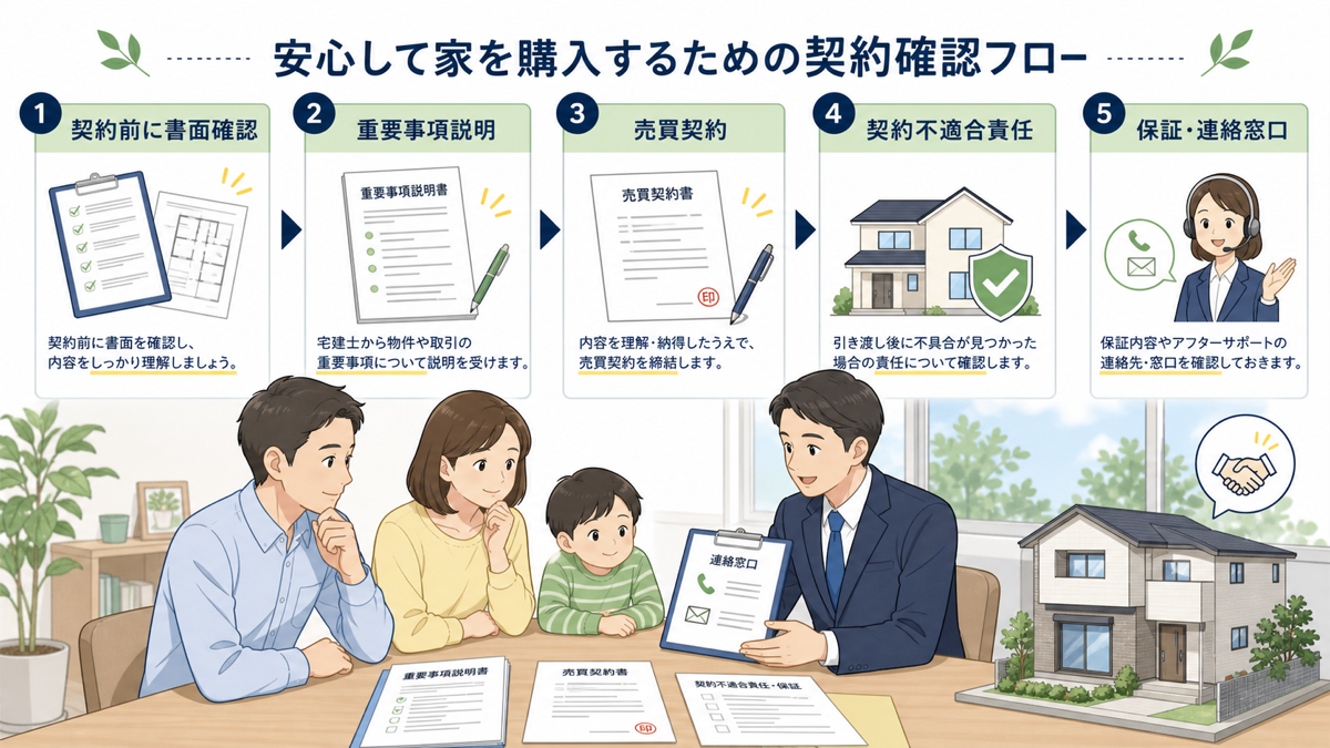 住宅購入契約と保証内容を確認する家族