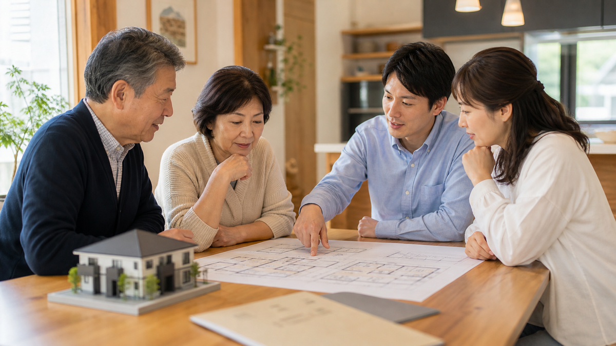 完全分離型二世帯住宅の間取りを話し合う親世帯と子世帯