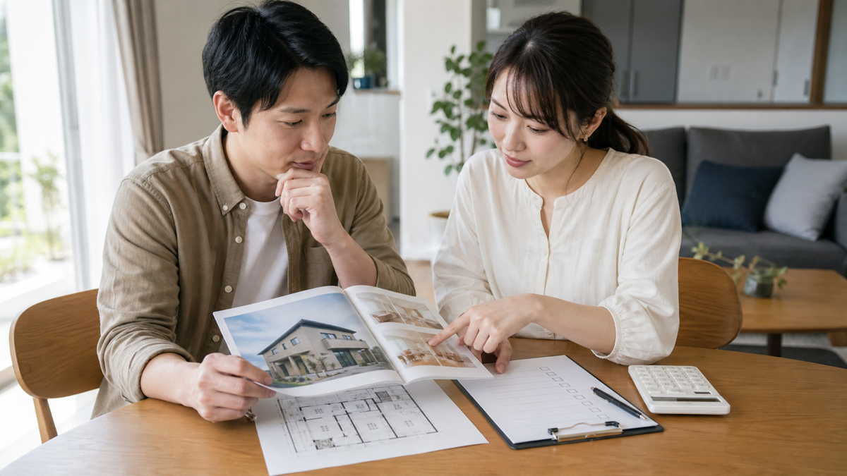 よかタウンの物件資料と確認項目を比べる夫婦