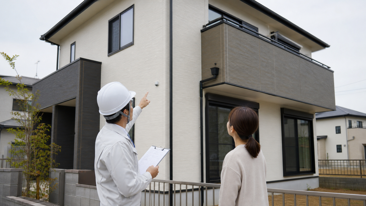 新築住宅の外壁や窓まわりを確認する様子
