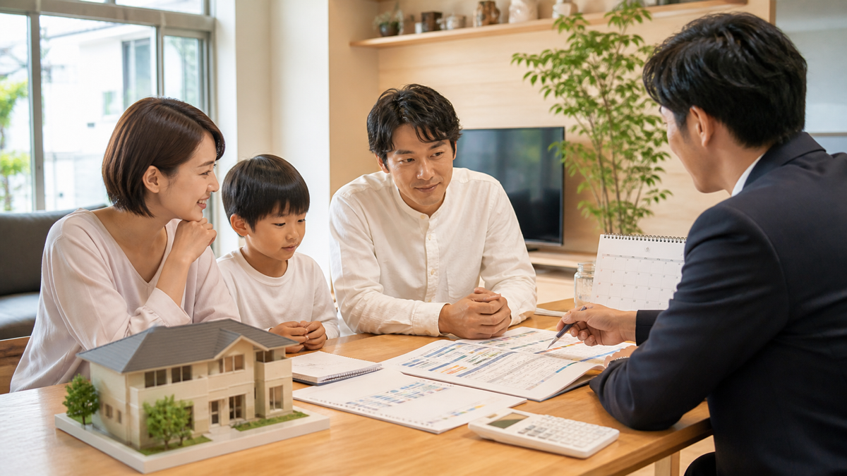 住宅保証と修繕計画を家族で確認する様子