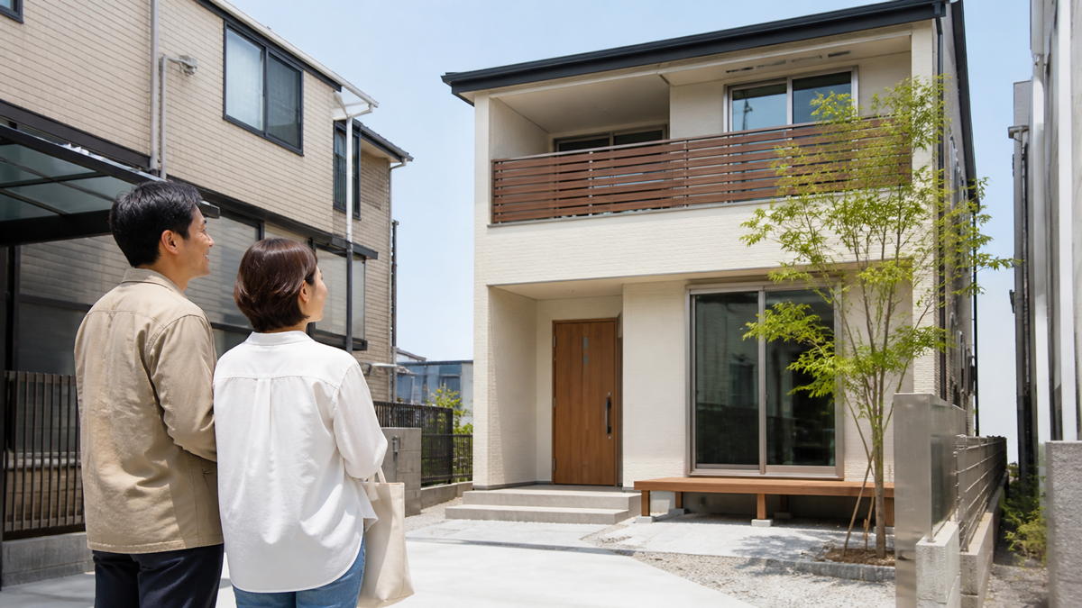 都市部の戸建てを見学する夫婦のイメージ