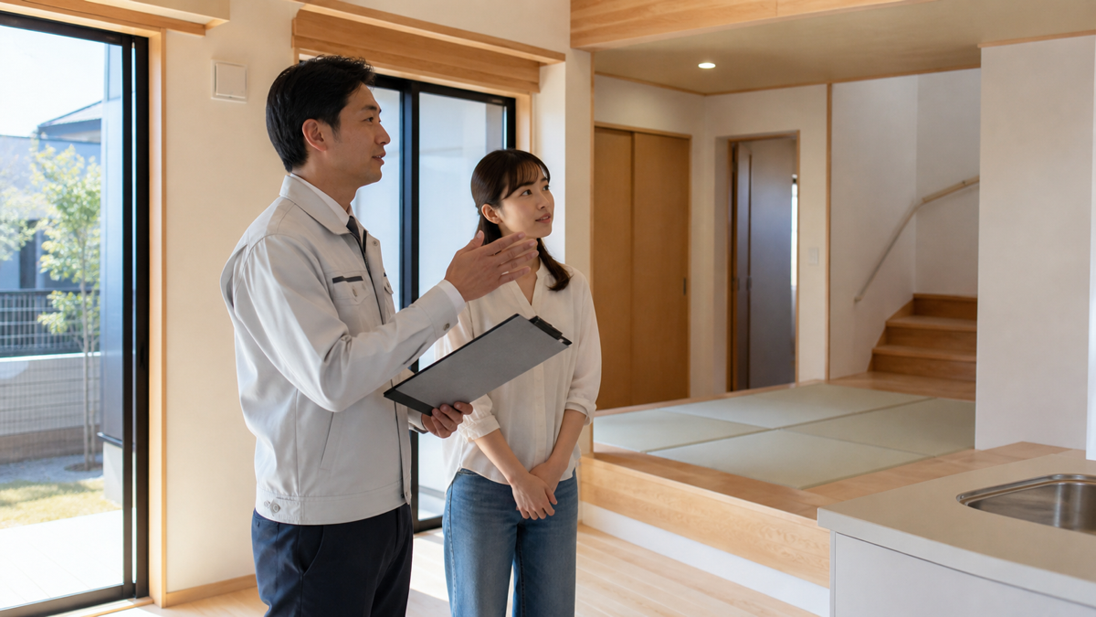 住宅の仕上がりを確認する担当者と施主のイメージ