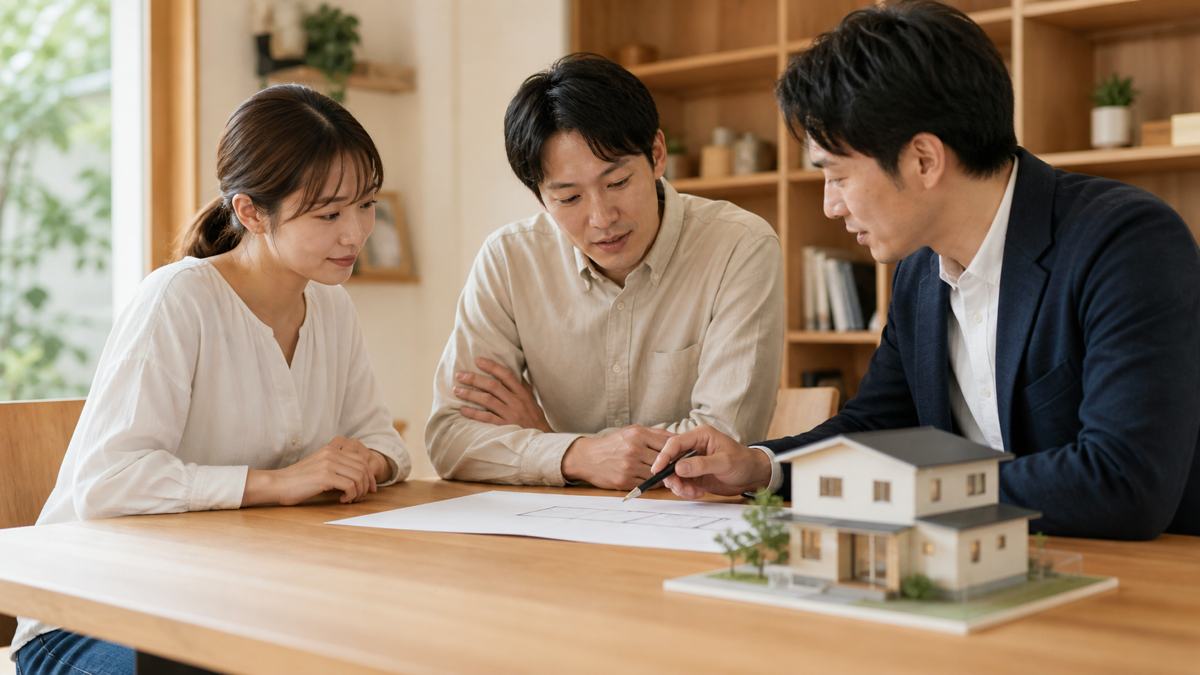 住宅模型と見積書を確認する夫婦