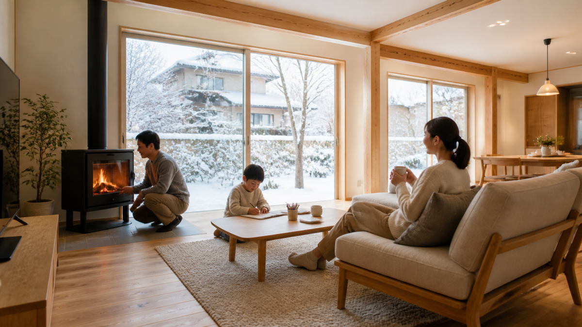 高断熱住宅の明るいリビングで過ごす家族