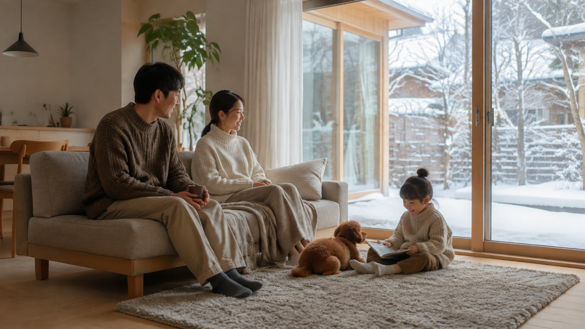高断熱住宅のリビングで過ごす家族のイメージ