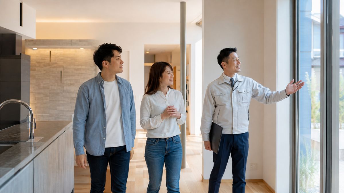 住宅診断の担当者と完成した家を確認する夫婦のイメージ