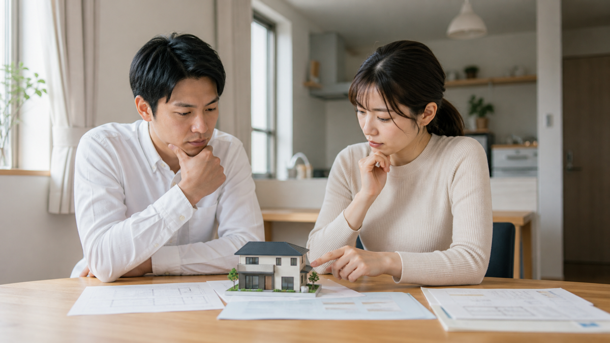 住宅模型と費用を確認する夫婦