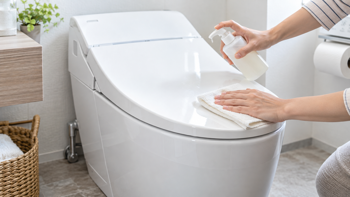樹脂製トイレを柔らかい布で掃除する様子