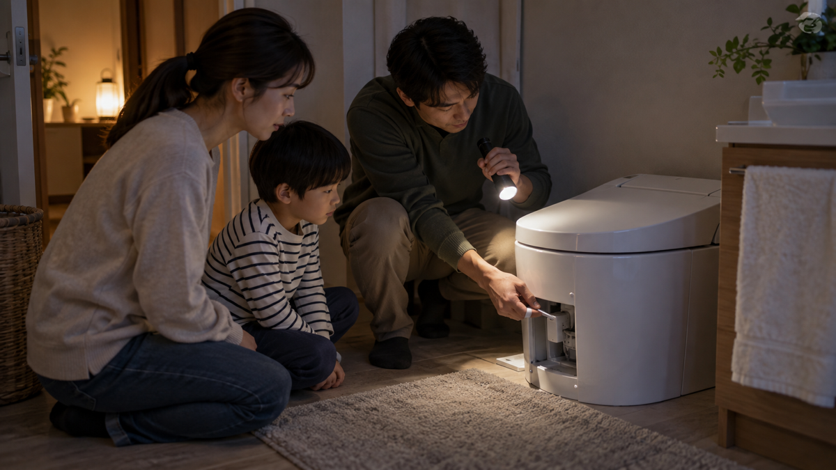 停電時のトイレ操作を確認する家族