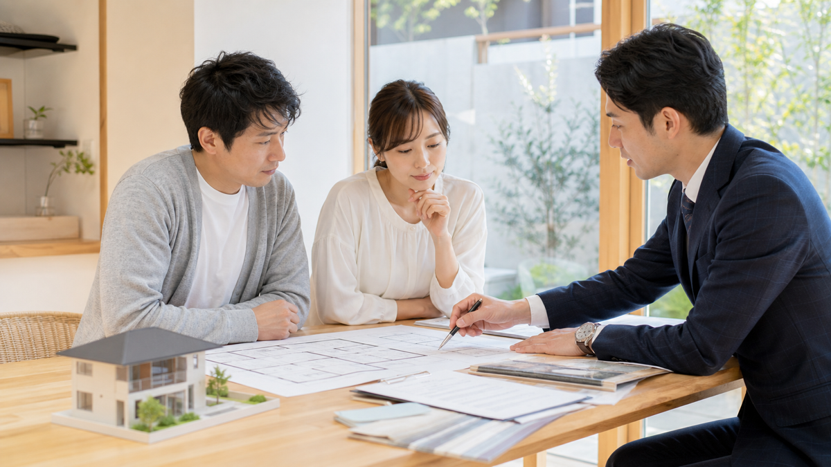 住宅模型と見積書を確認する夫婦と担当者
