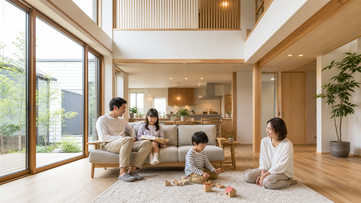 明るい高断熱住宅のリビングで過ごす家族