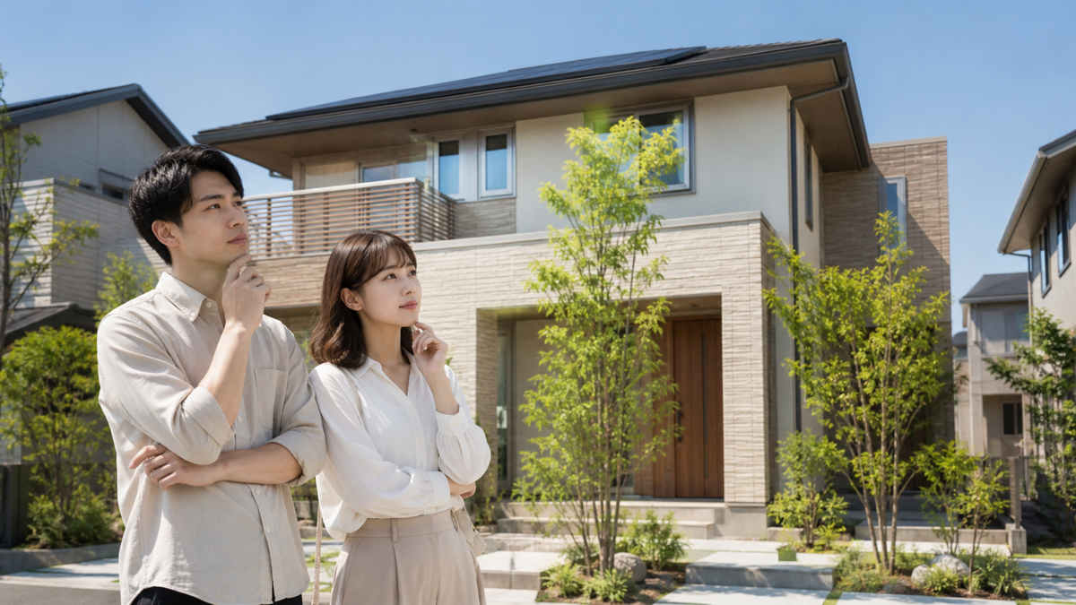 新築住宅の前で契約を考える夫婦