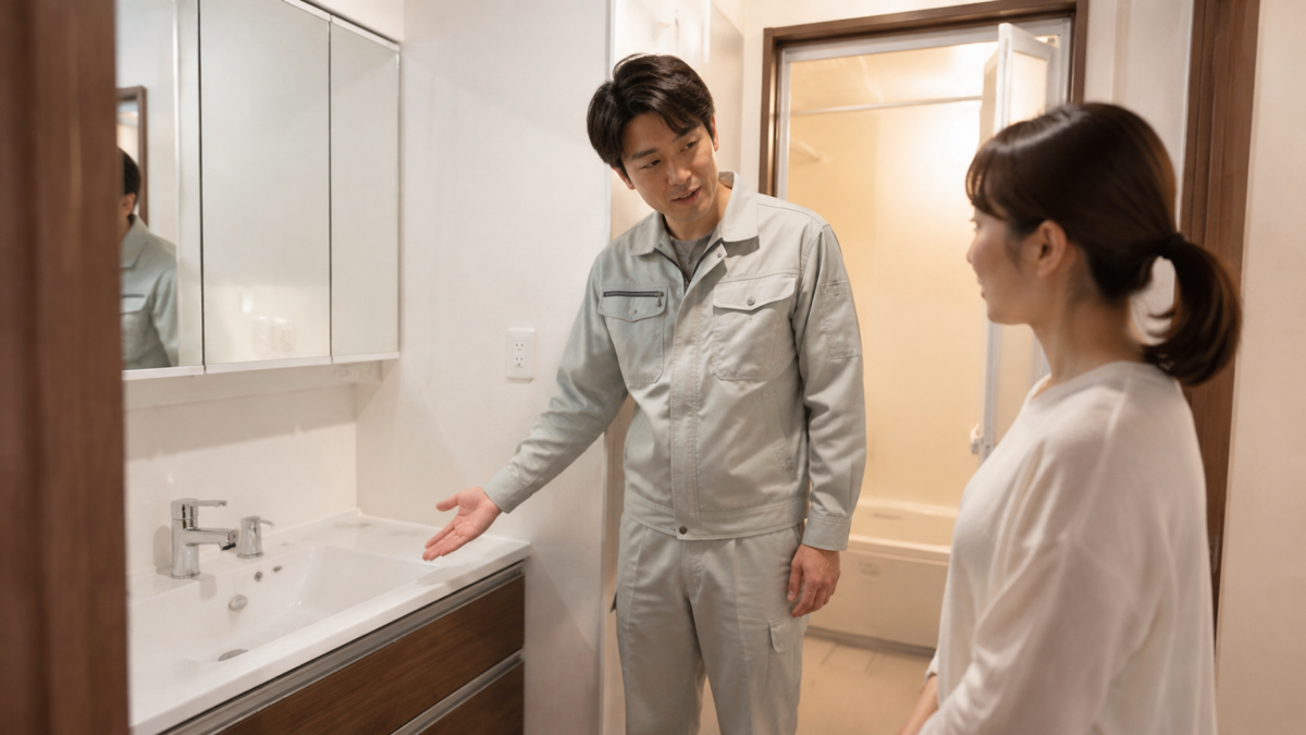 施主と担当者が洗面所の仕上がりを確認するイメージ