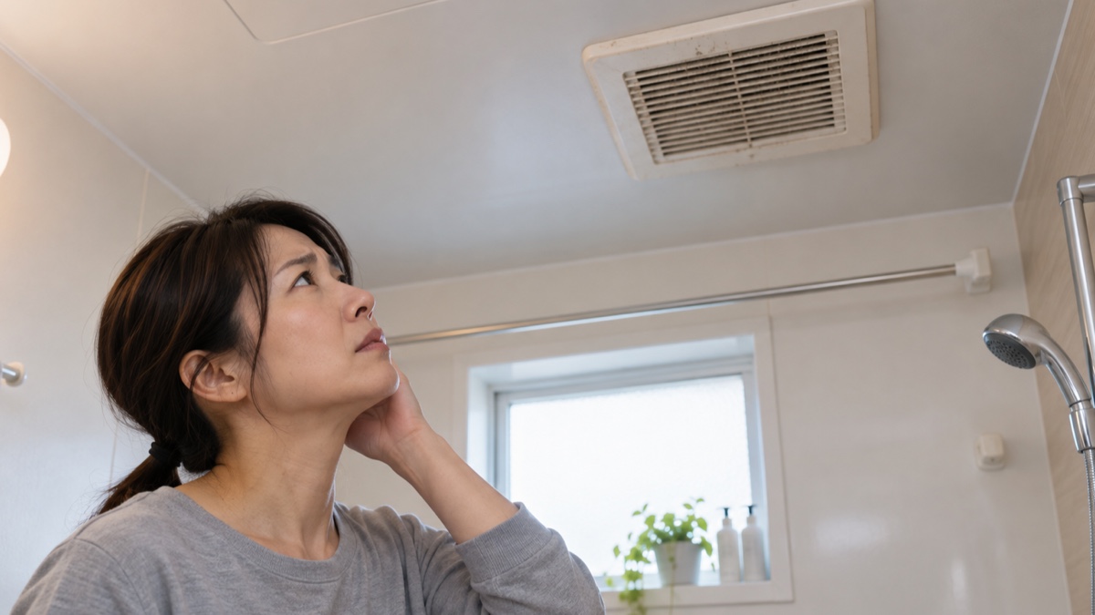 浴室の換気扇から出る異音を気にする女性