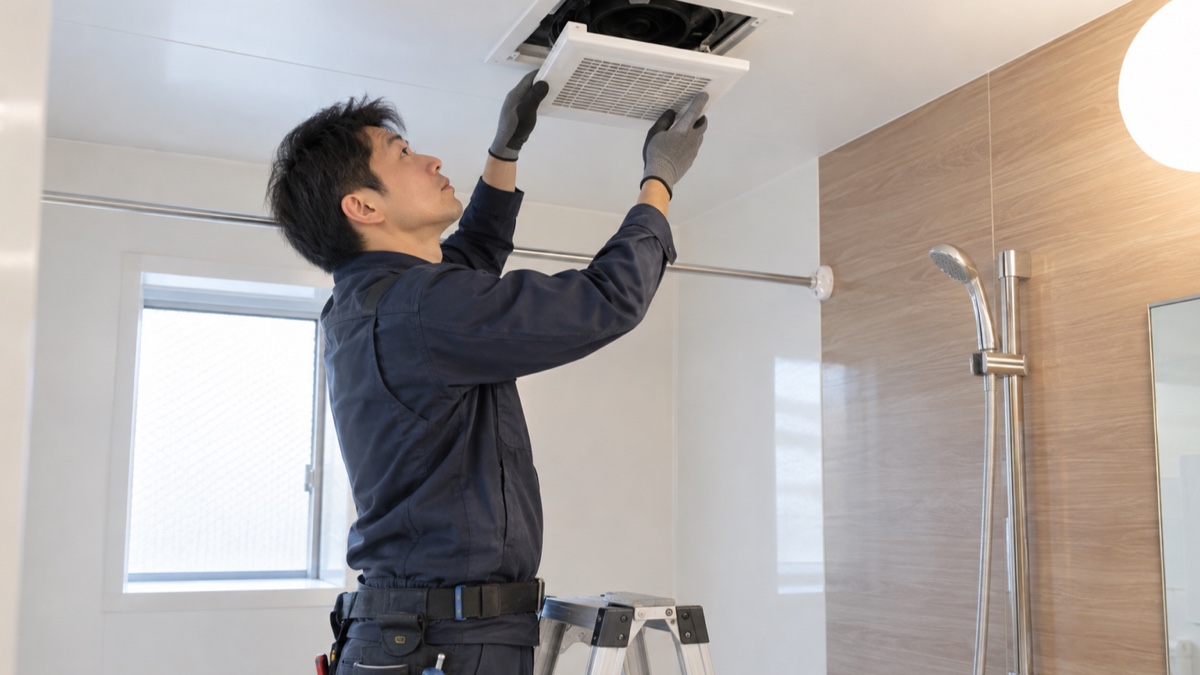 浴室の天井換気扇を交換する施工担当者