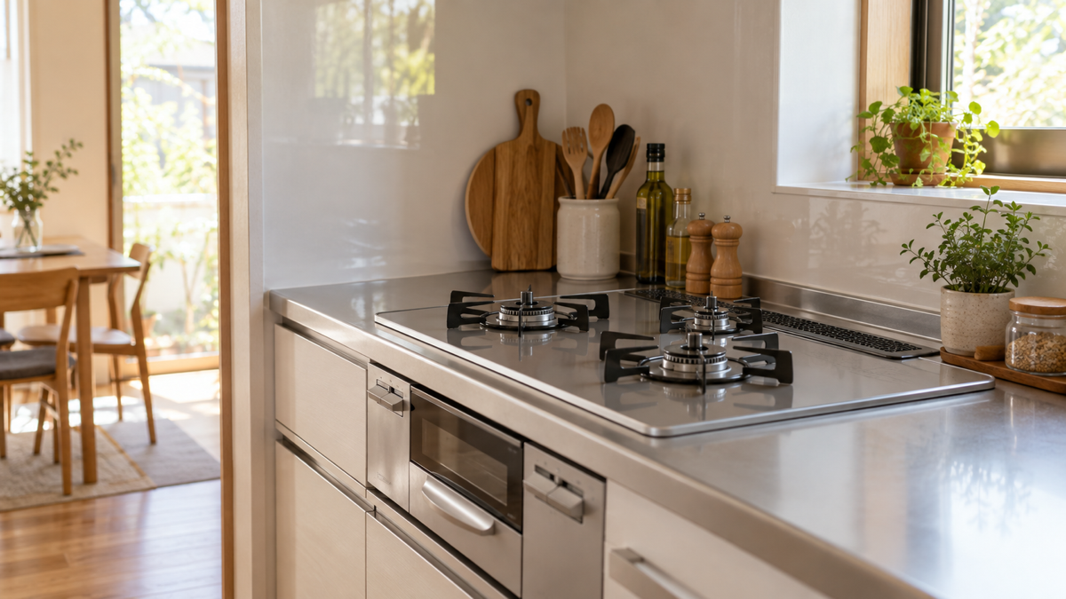 ビルトインガスコンロのある明るいキッチンのイメージ