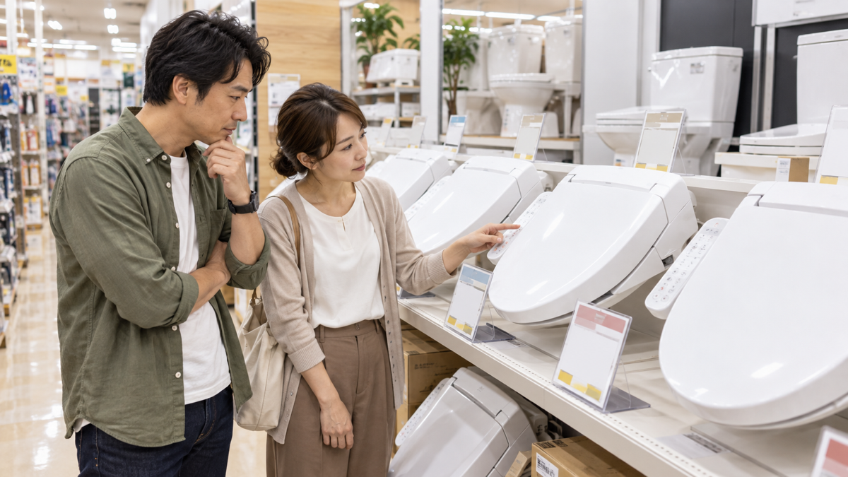 ホームセンターで安いウォシュレットを選ぶ夫婦