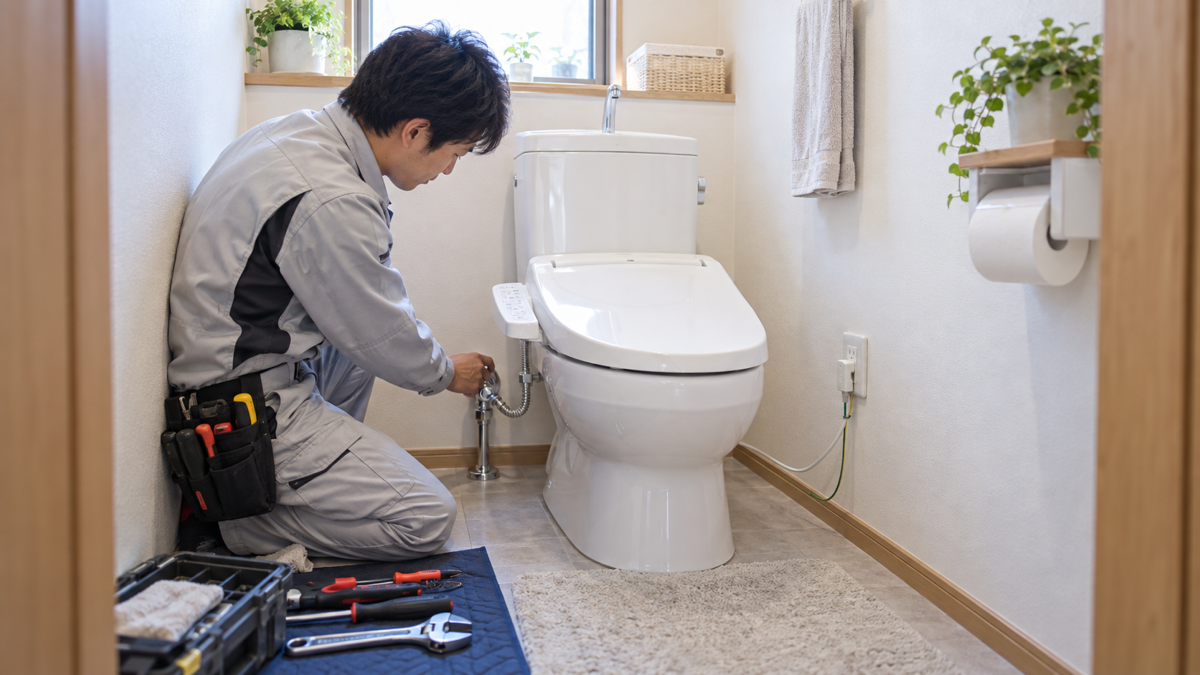 温水洗浄便座を取り付けるホームセンターの作業員
