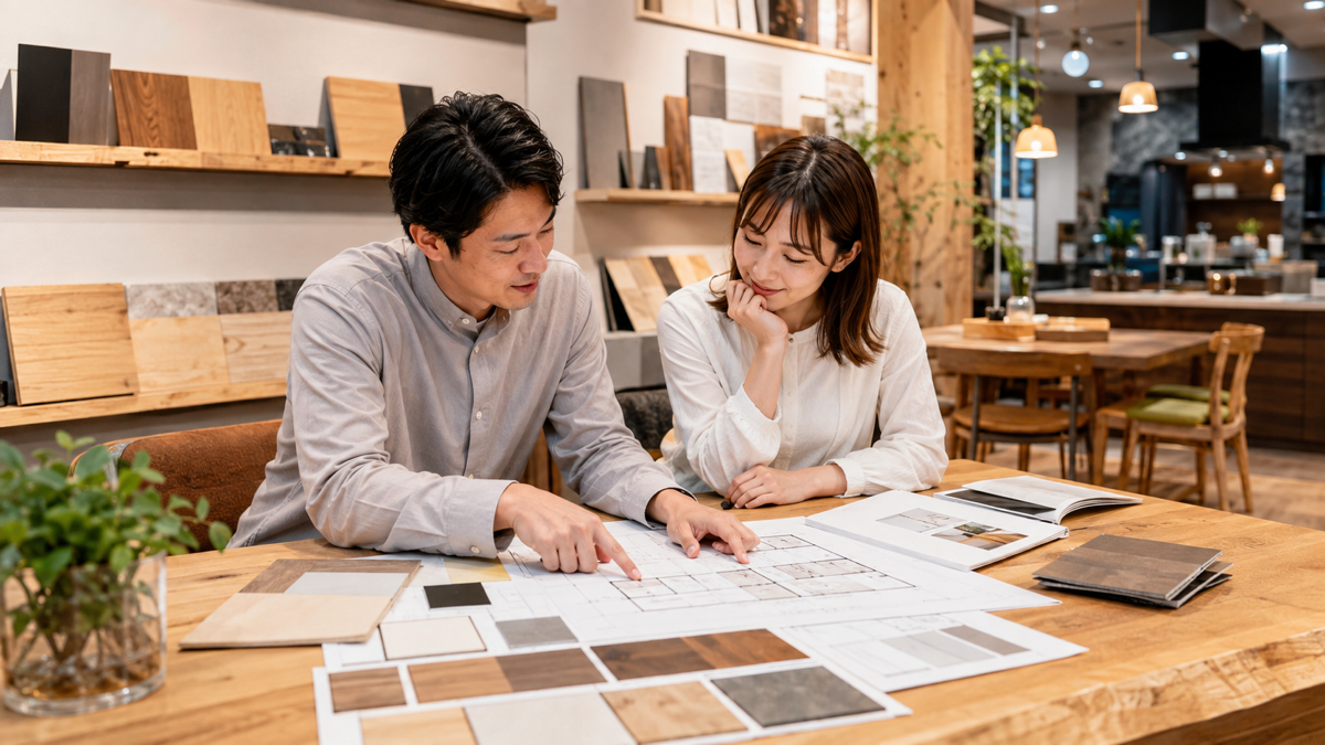 住宅ショールームで素材を比べる夫婦のイメージ