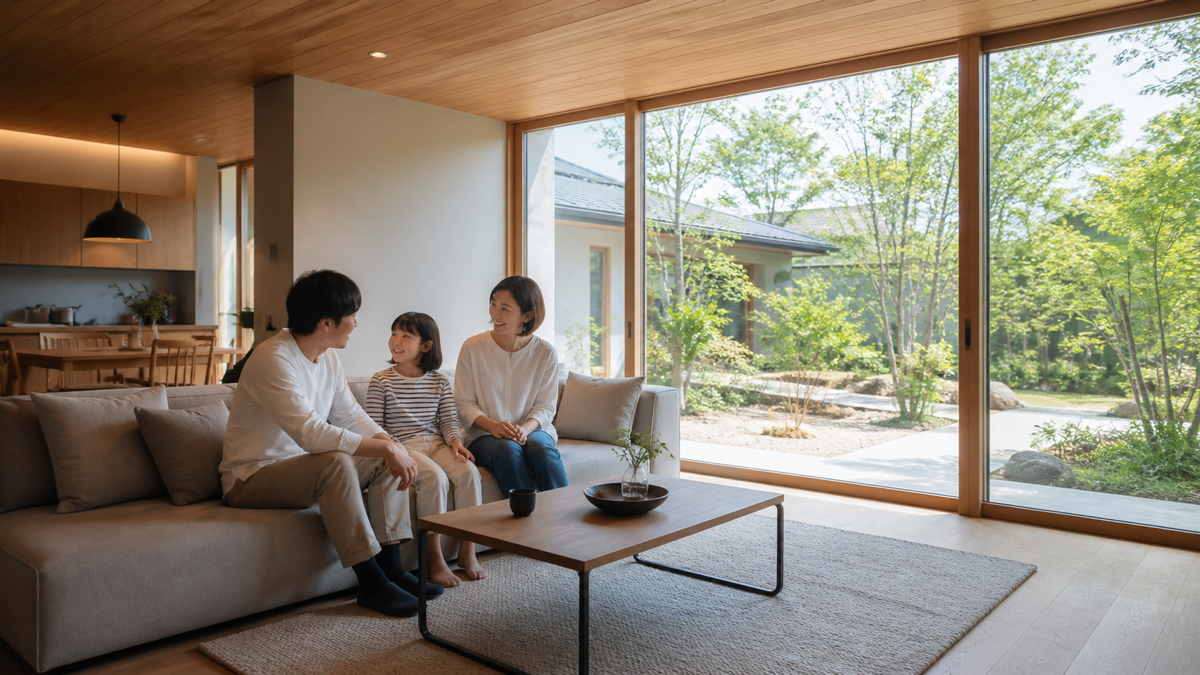 木の質感を生かした住宅で過ごす家族のイメージ