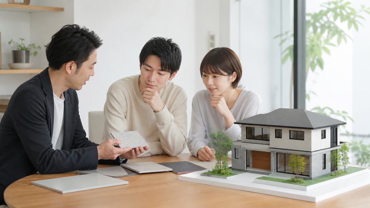 住宅の素材と見積書を見比べる家族