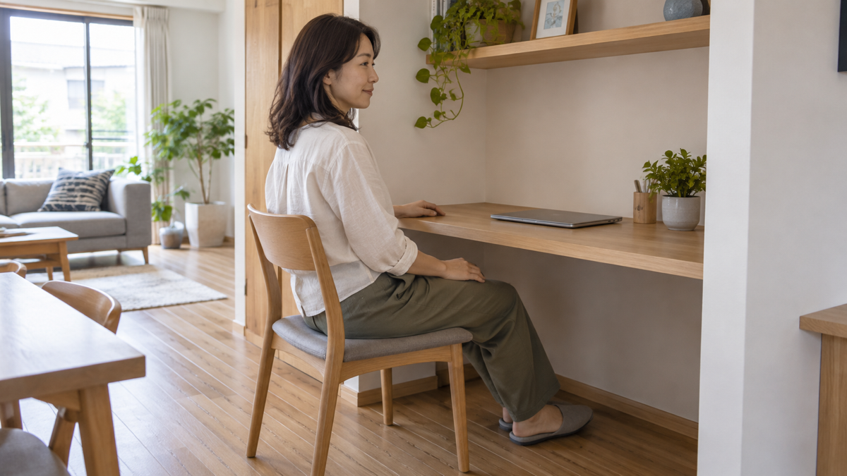 小さなデスクに座り椅子と足元の広さを確かめるイメージ