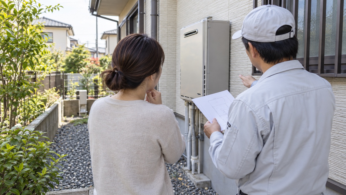 エコキュートの設置場所を業者と確認するイメージ