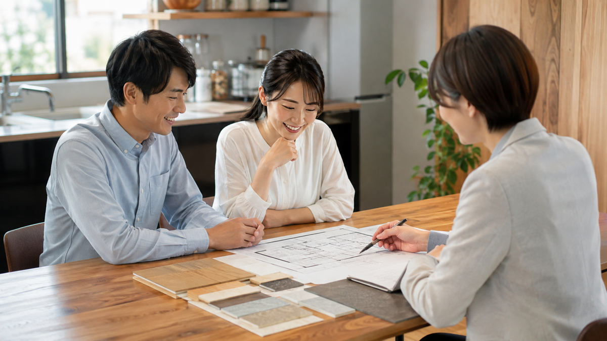 キッチン図面を見ながら相談する家族