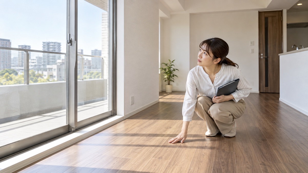 中古マンションの床や窓を確認する購入希望者