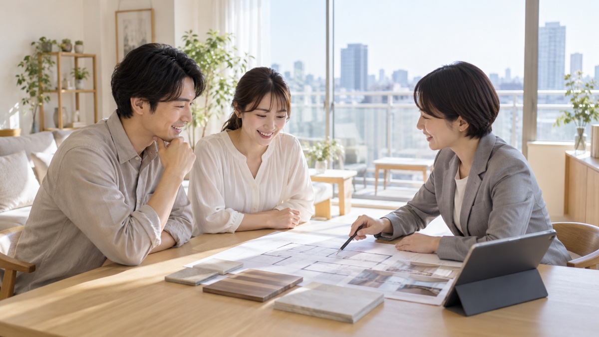 マンションの購入計画を相談する家族と担当者
