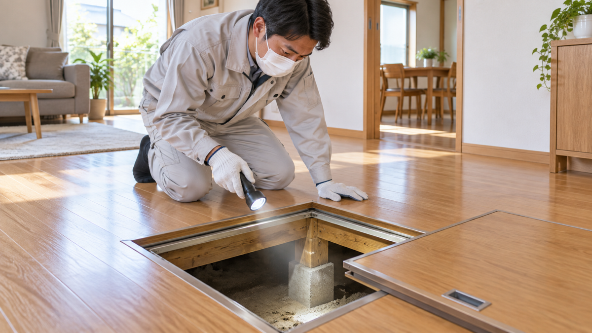 床下点検口から状態を確認する専門スタッフのイメージ
