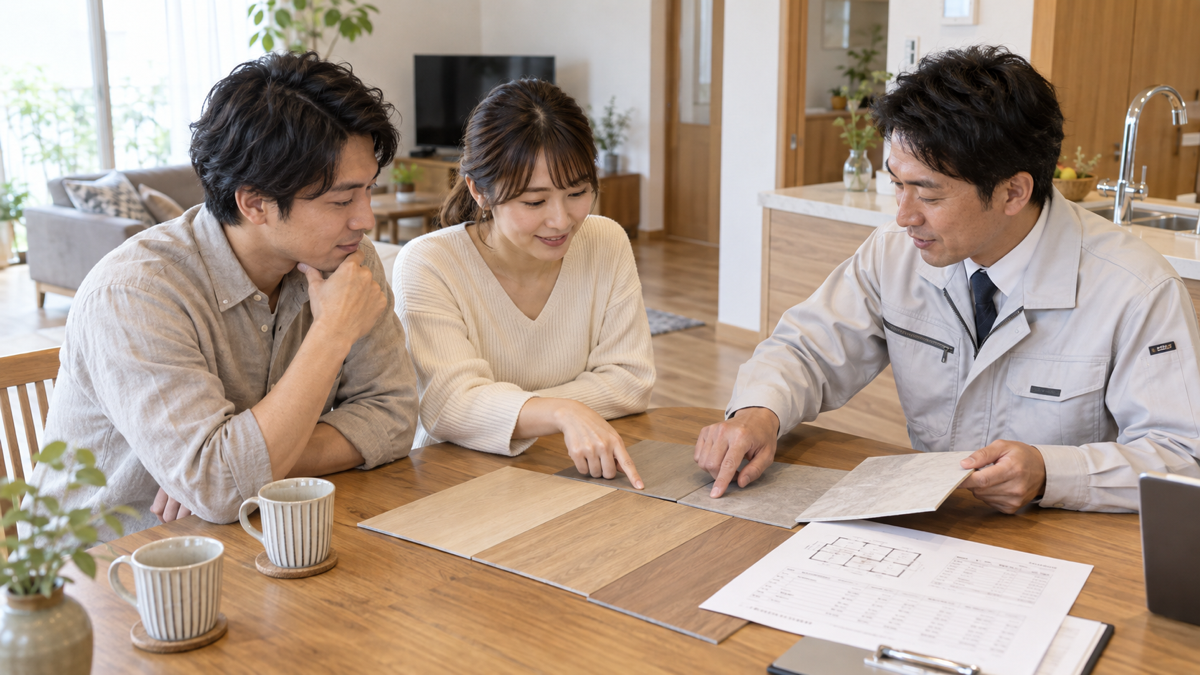 床材サンプルと見積書を比べる家族と担当者