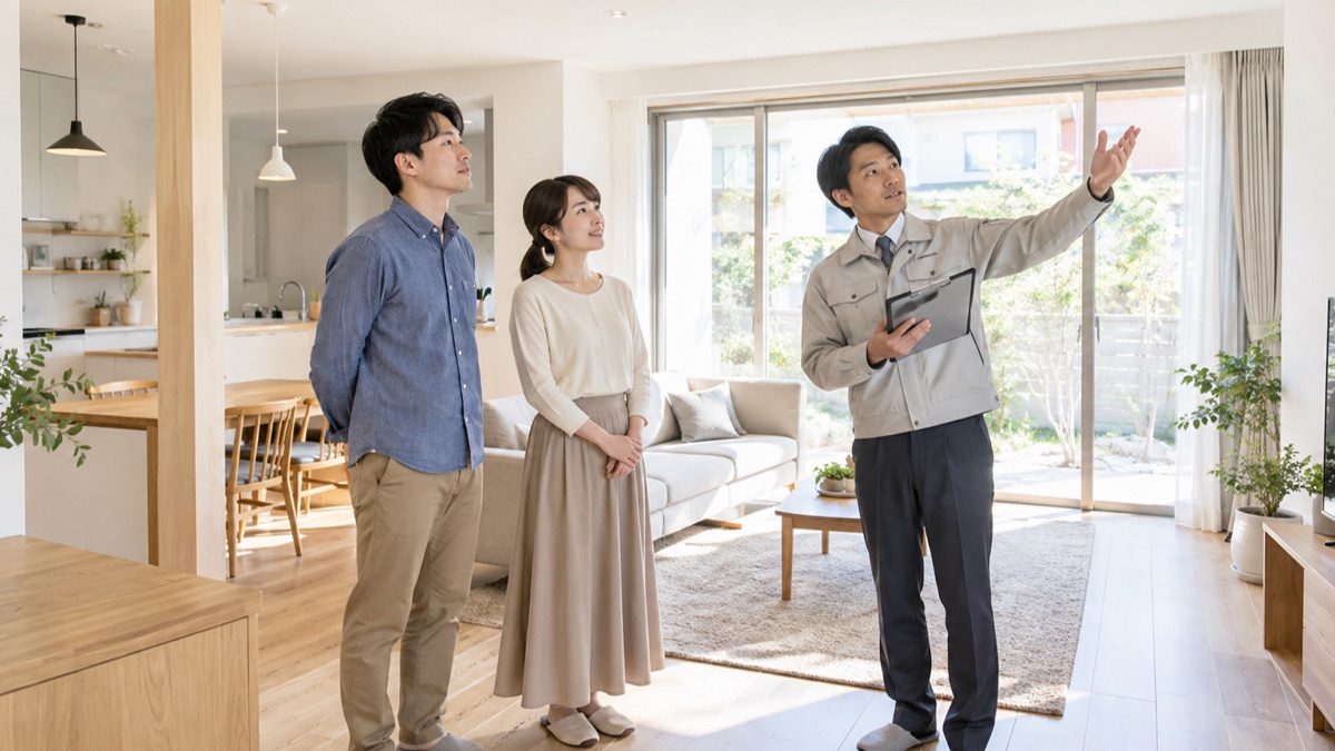 リフォーム完成後の室内を確認する家族と担当者