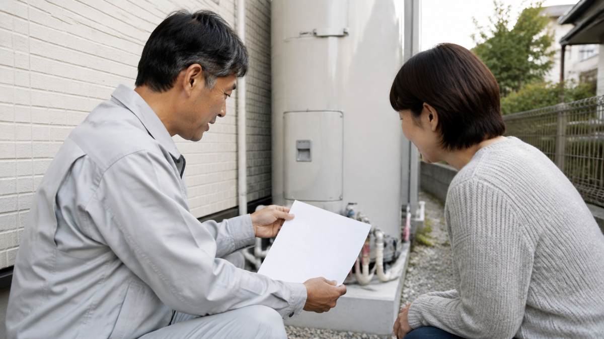給湯設備の交換を相談する住人と担当者のイメージ