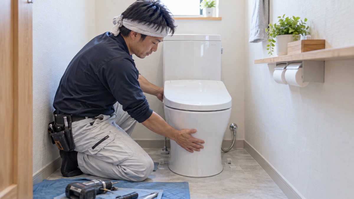 トイレの設備を交換する施工スタッフ