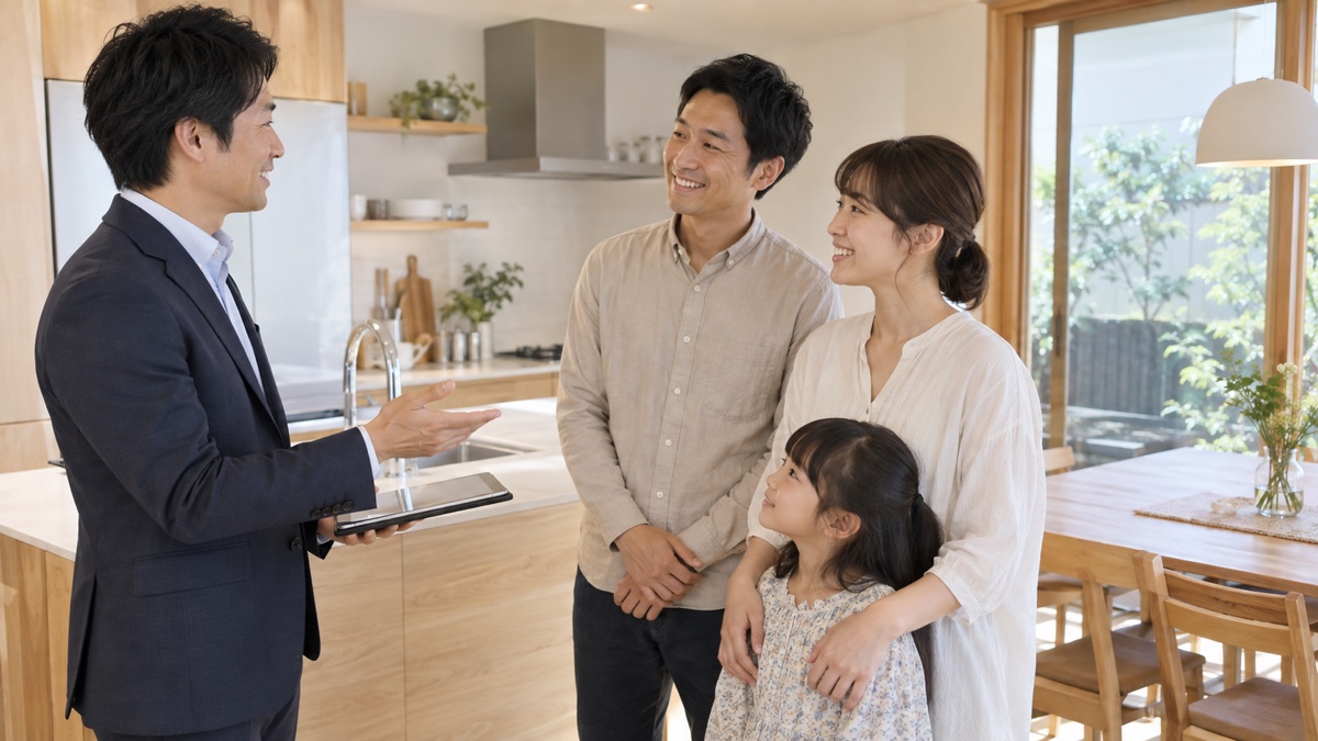 完成したキッチンを家族と担当者が確認する様子