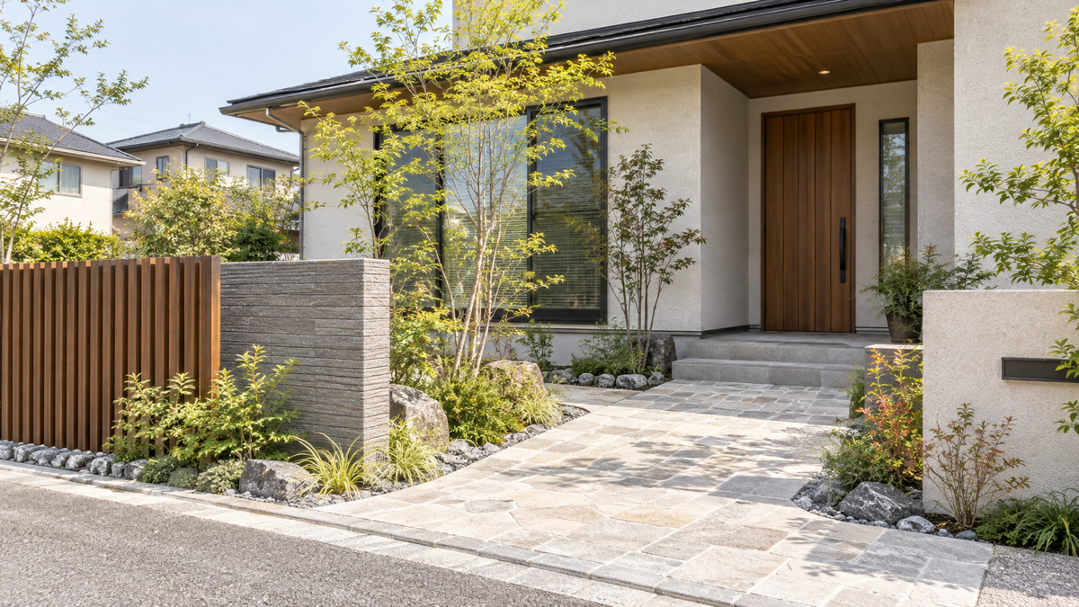 門まわりと植栽を整えた住宅外構のイメージ