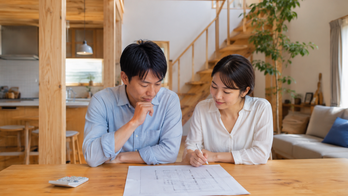 木の家の建築費を相談する夫婦のイメージ