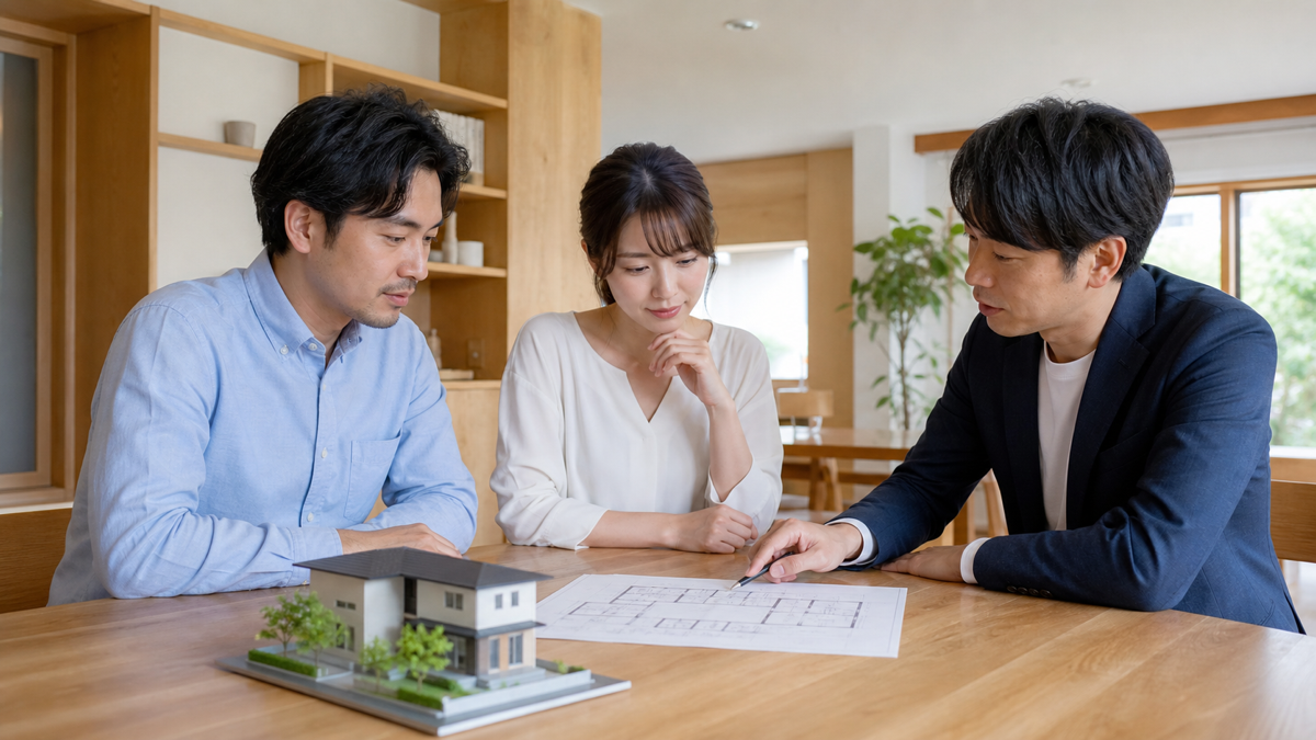 住宅模型と間取りを見ながら確認する夫婦と設計者