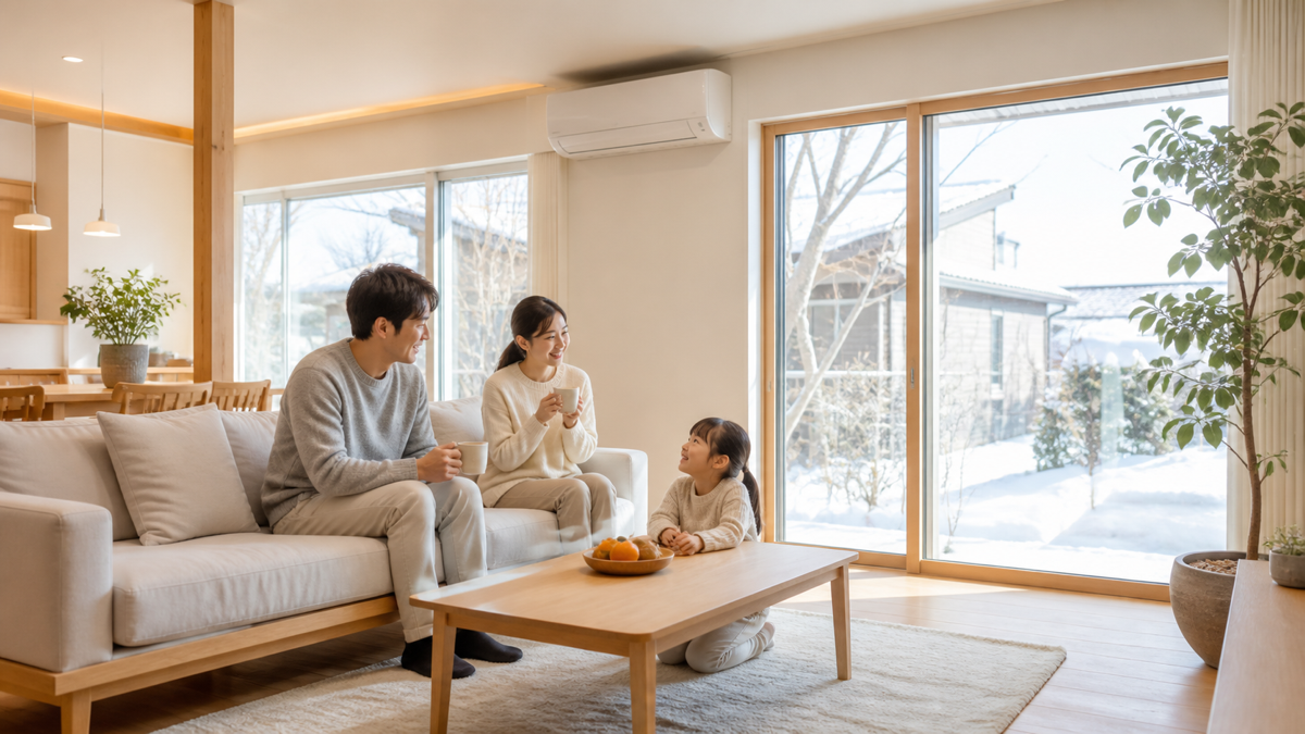 高断熱住宅の明るいリビングでくつろぐ家族