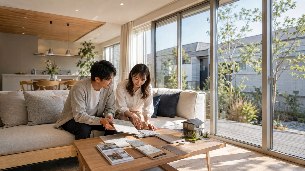 グランスマートの坪単価を相談する夫婦のイメージ